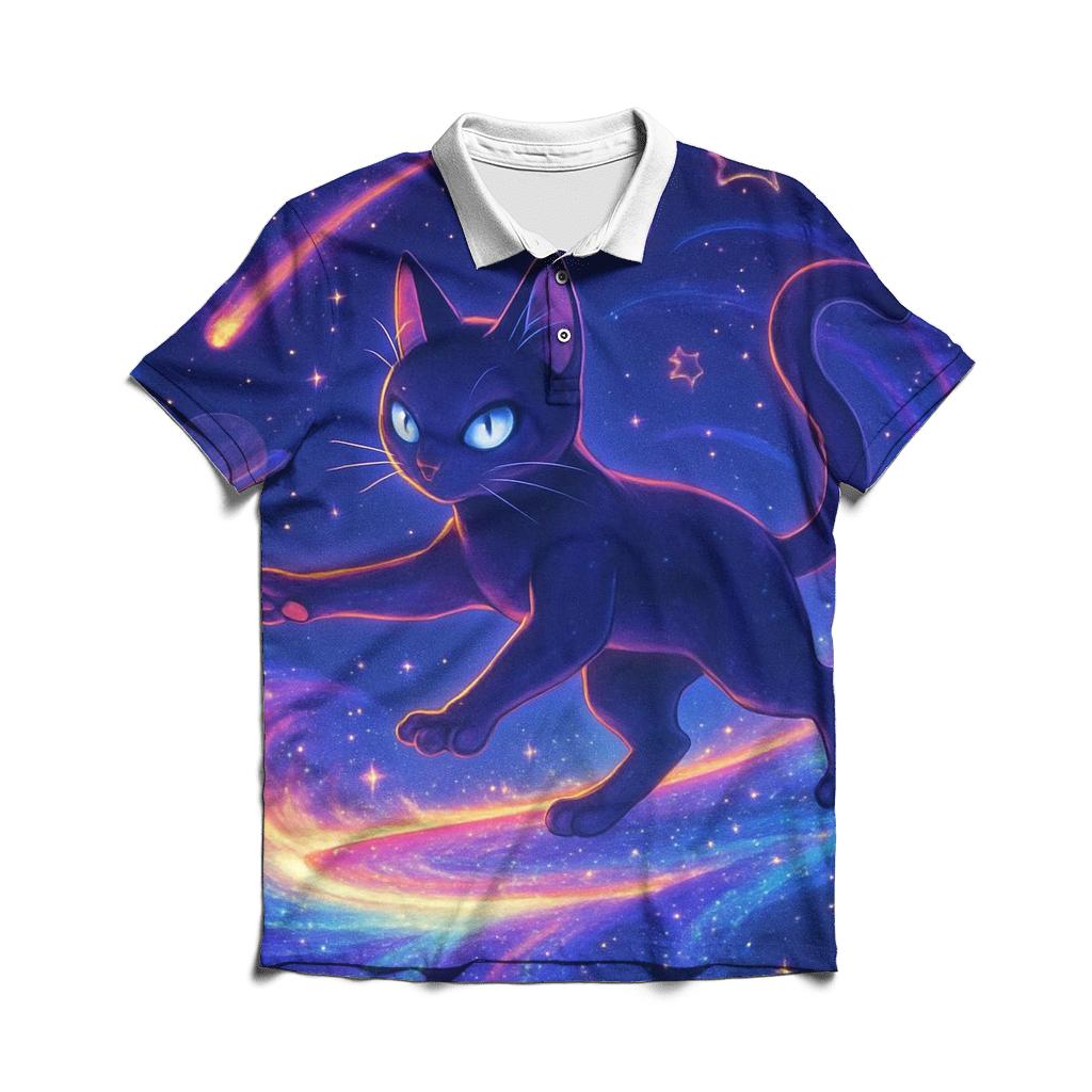 Nebula Drift Cosmic Cat embroidered polo tops