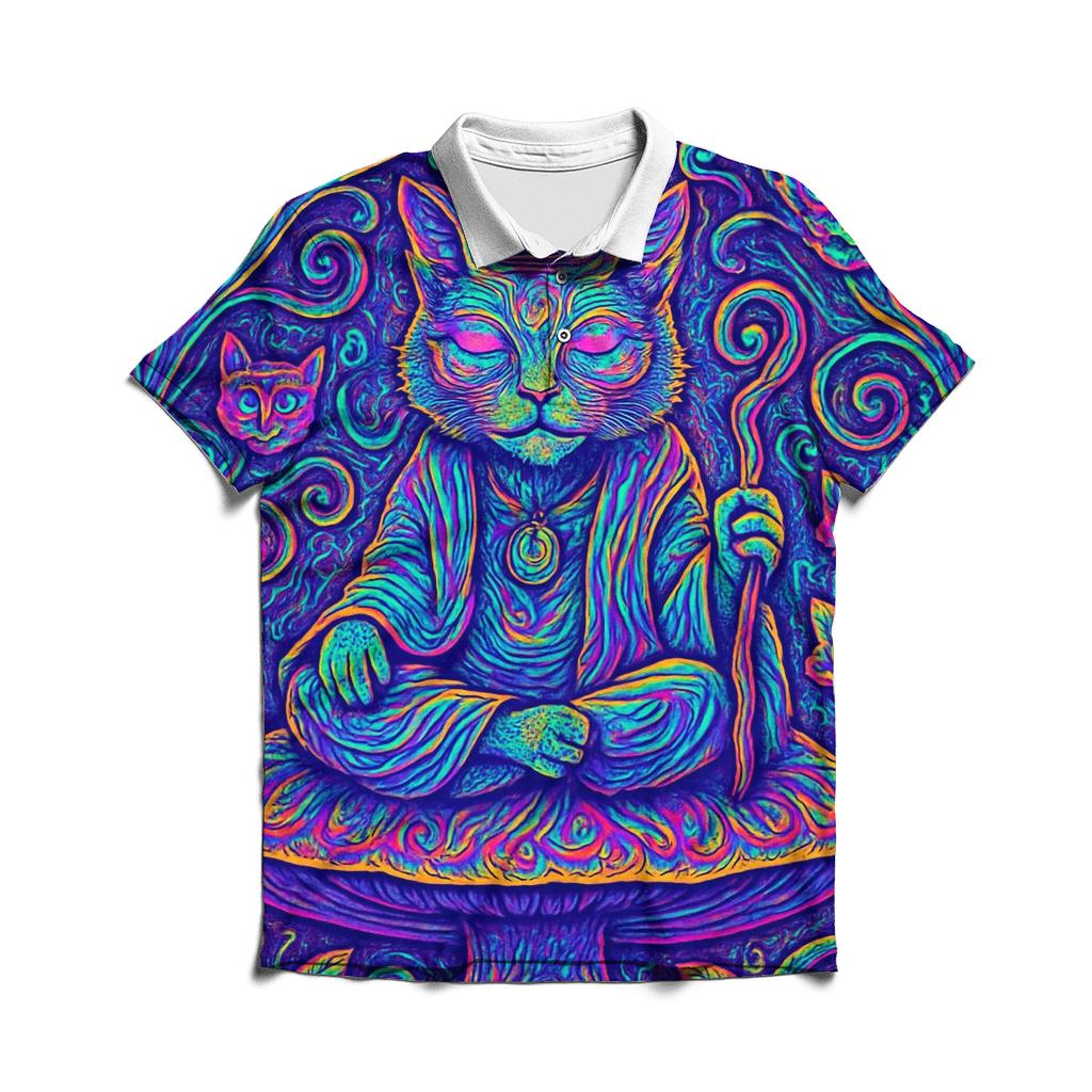 Psychedelic Garden Shaman Cat branded logo polo shirts
