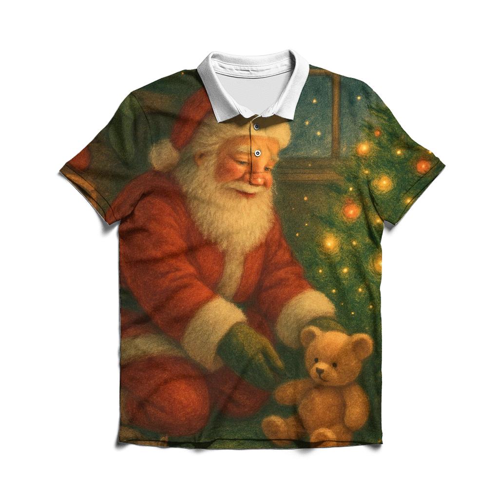 Cozy Storybook Fireplace Santa branded logo polo shirts