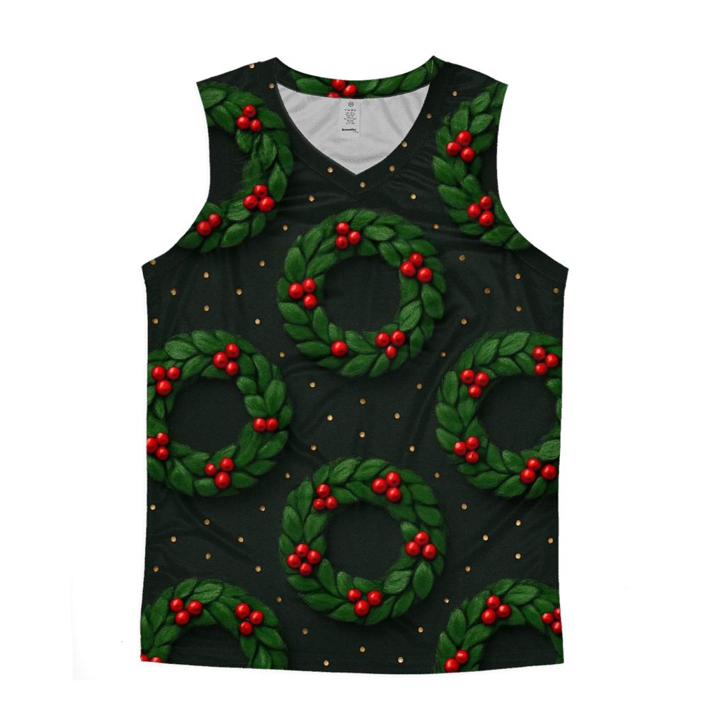 Emerald Holly Wreath Medallions On Charcoal trendy fitted tank tops