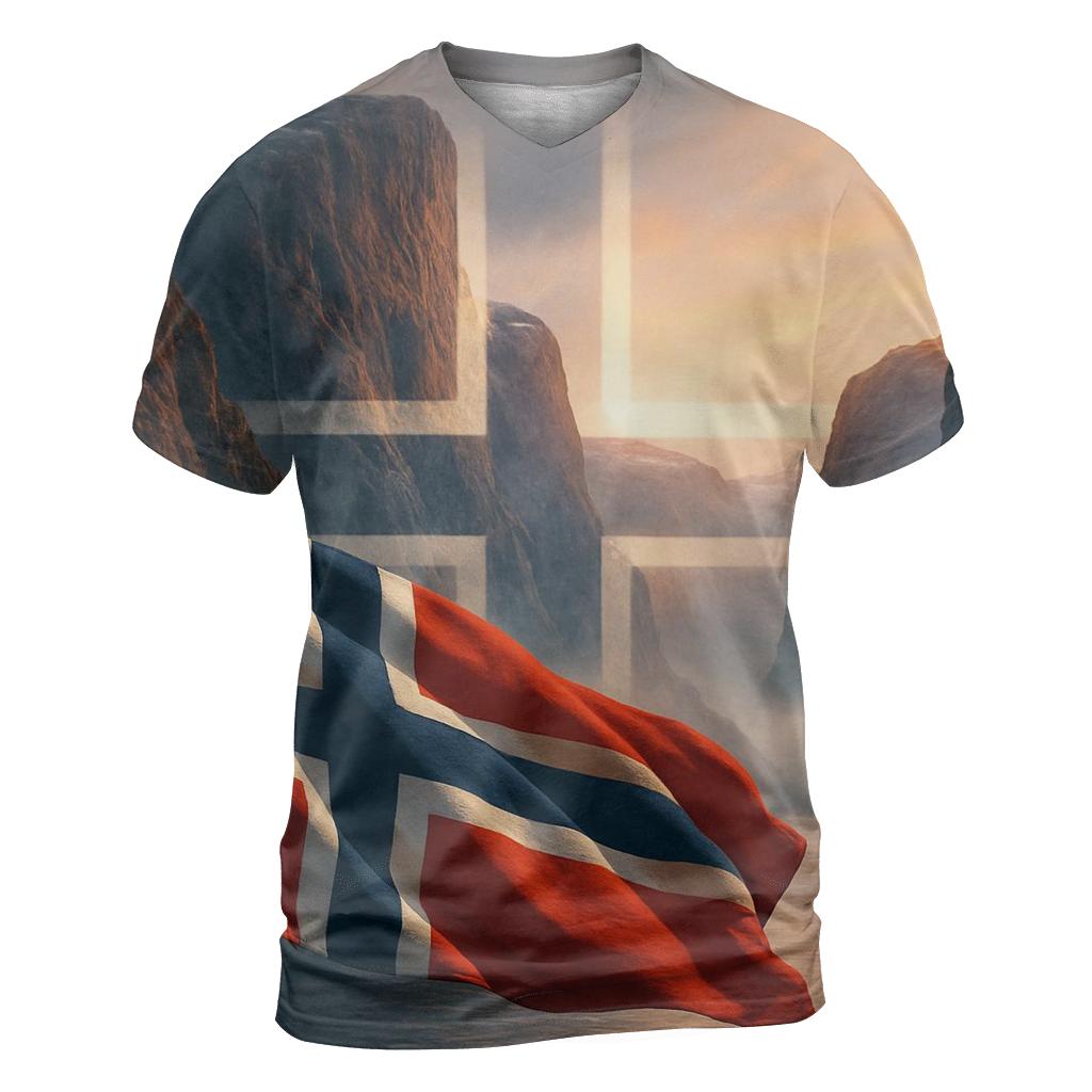 Norwegian Fjord Flag Winds vibrant all-over design tees