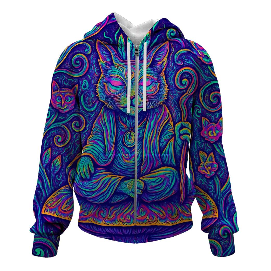 Psychedelic Garden Shaman Cat zip-up hoodies