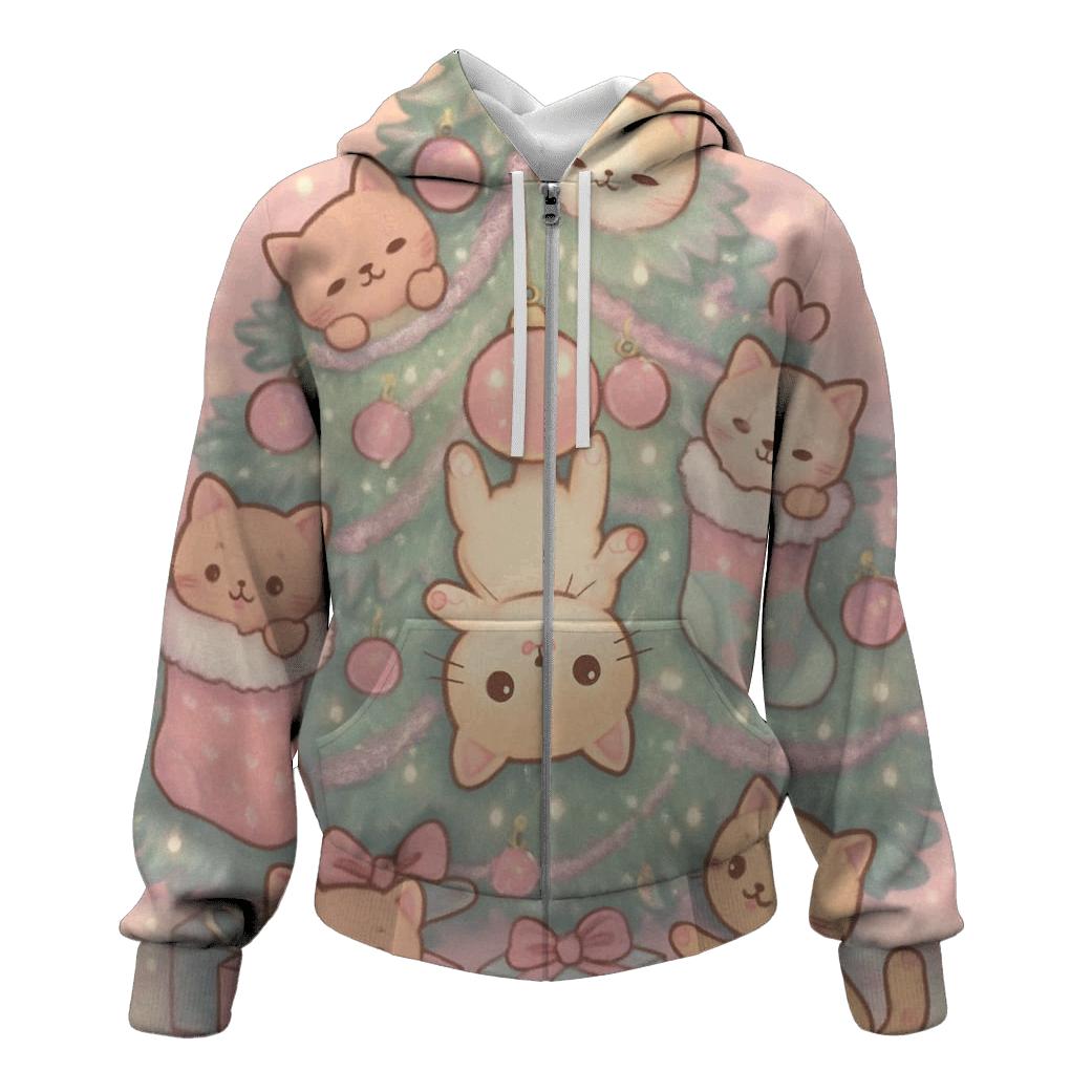 Kawaii Christmas Cat Tree Takeover zip-up hoodies