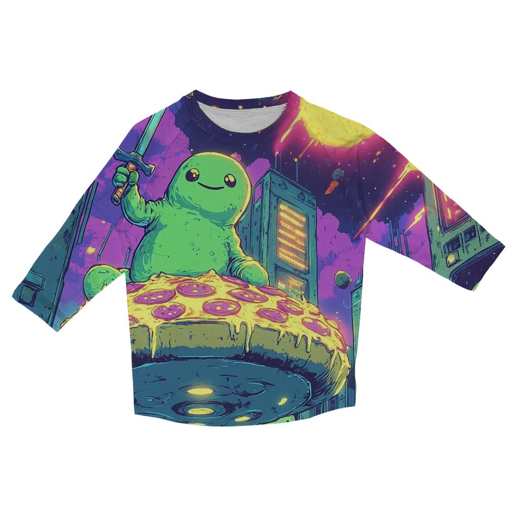 Arcade Aliens Pizza Patrol printed three quarter sleeve shirts