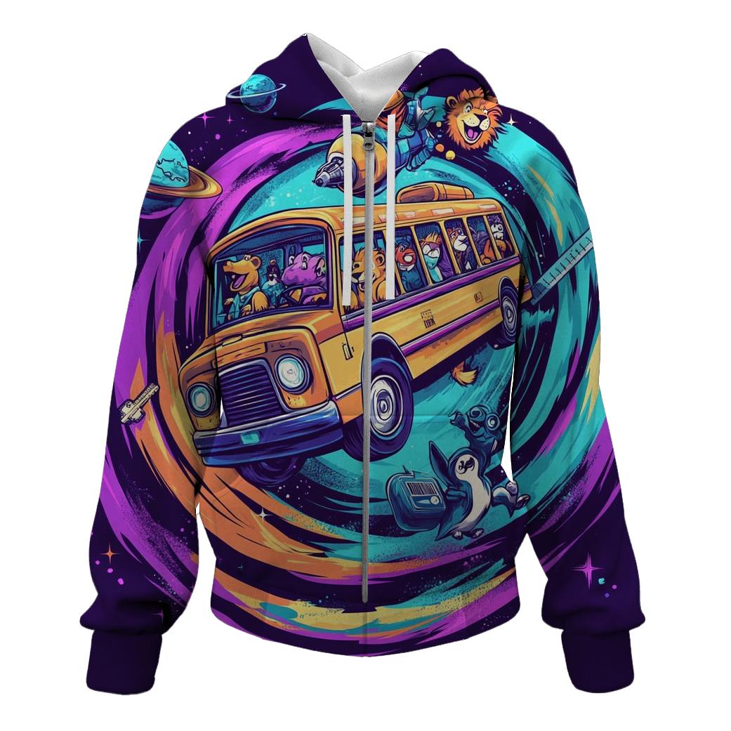 Time Traveling School Bus Zoo zip-up hoodies
