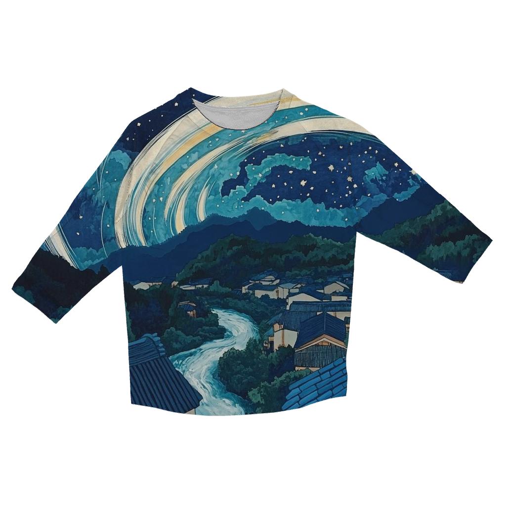 Hokusai Inspired Meteor Shower Over Village personalized 3/4 sleeve tees