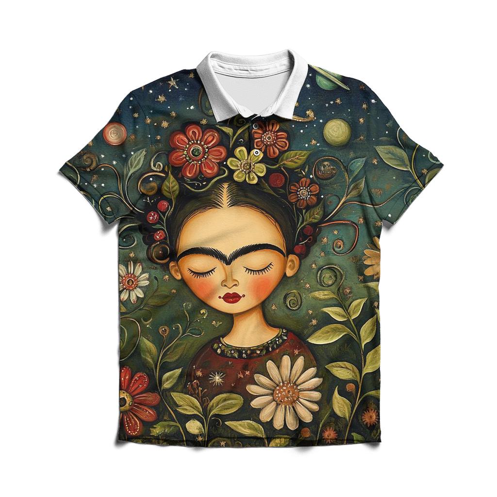 Frida Kahlo Inspired Cosmic Self Portrait Garden custom polo shirts
