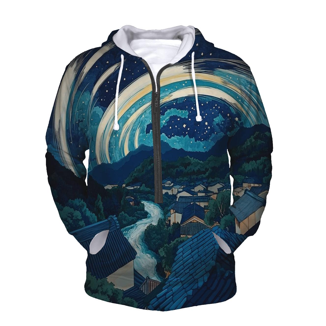 Hokusai Inspired Meteor Shower Over Village embroidered hoodies