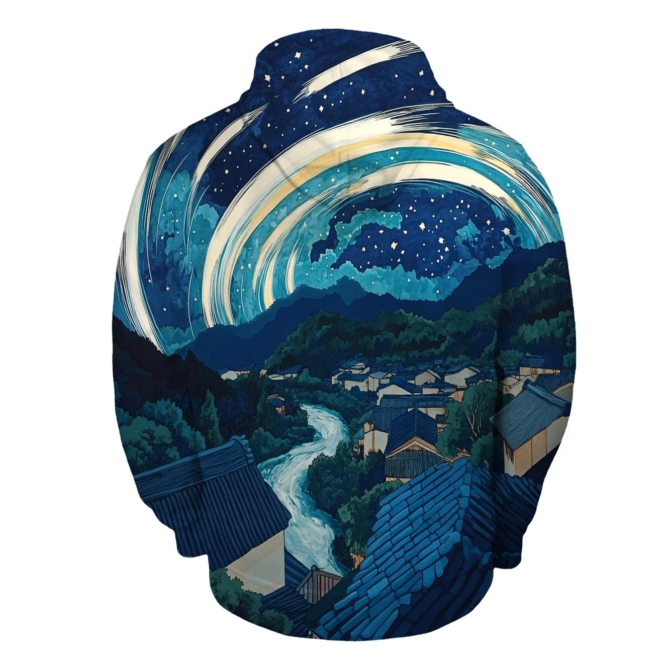 Hokusai Inspired Meteor Shower Over Village embroidered hoodies