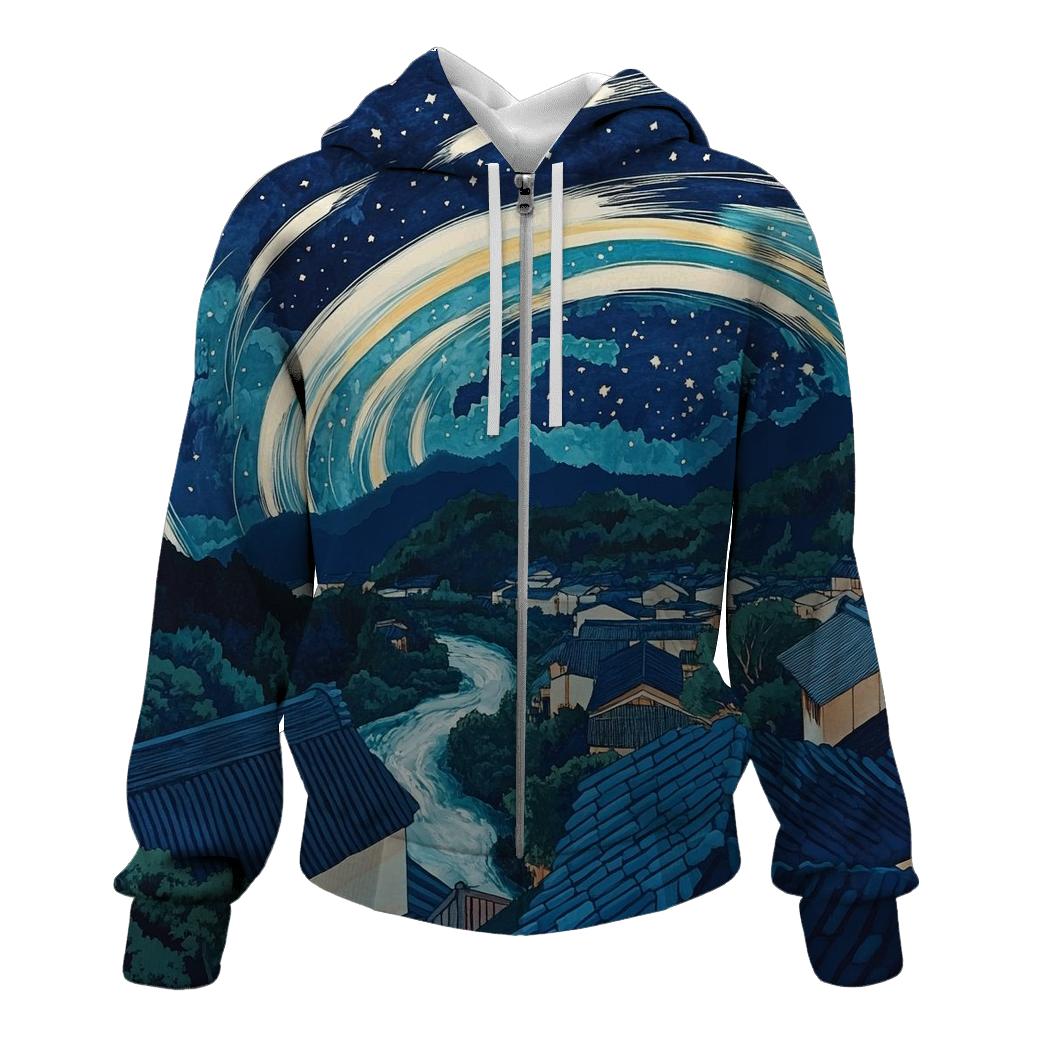Hokusai Inspired Meteor Shower Over Village custom hoodies