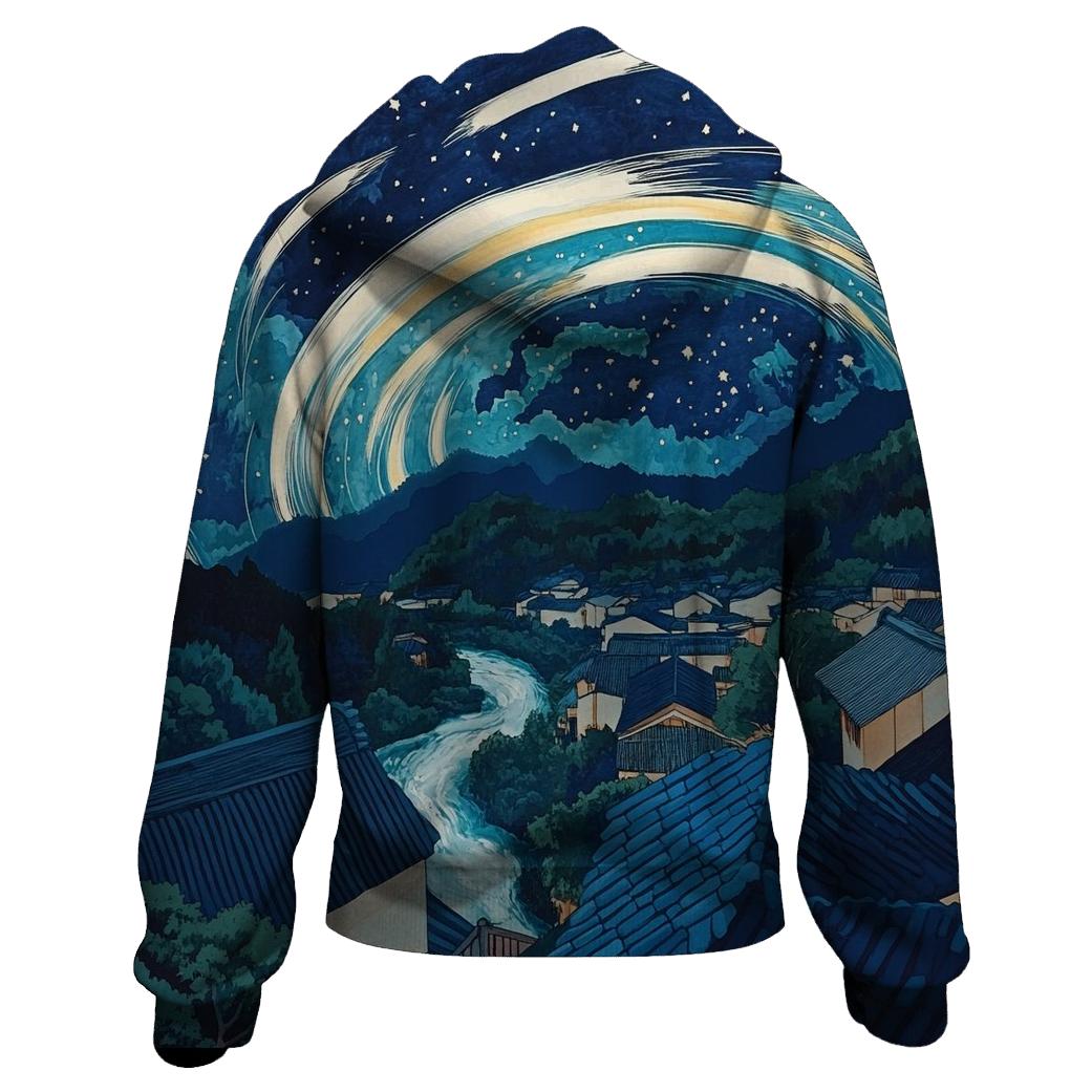 Hokusai Inspired Meteor Shower Over Village custom hoodies
