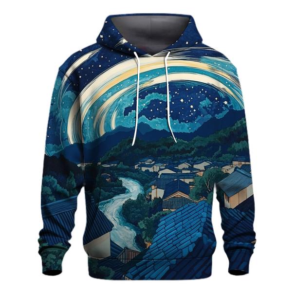 Hokusai Inspired Meteor Shower Over Village zip-up hoodies