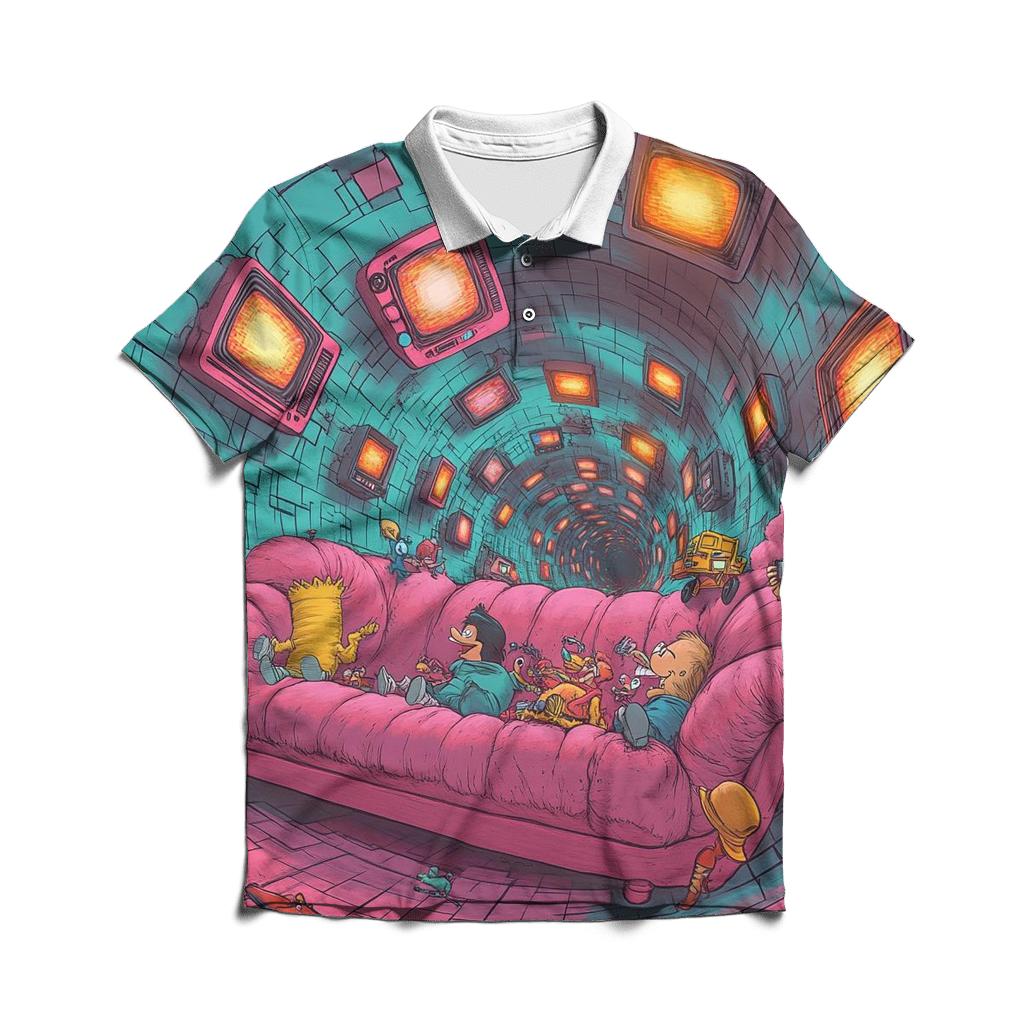 Time Traveling Cartoon Couch Crash premium cotton polo shirts