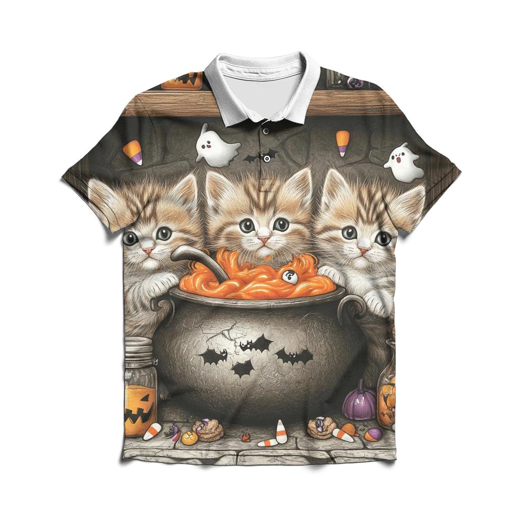 Witch Kittens In Spooky Cauldron Kitchen custom polo shirts