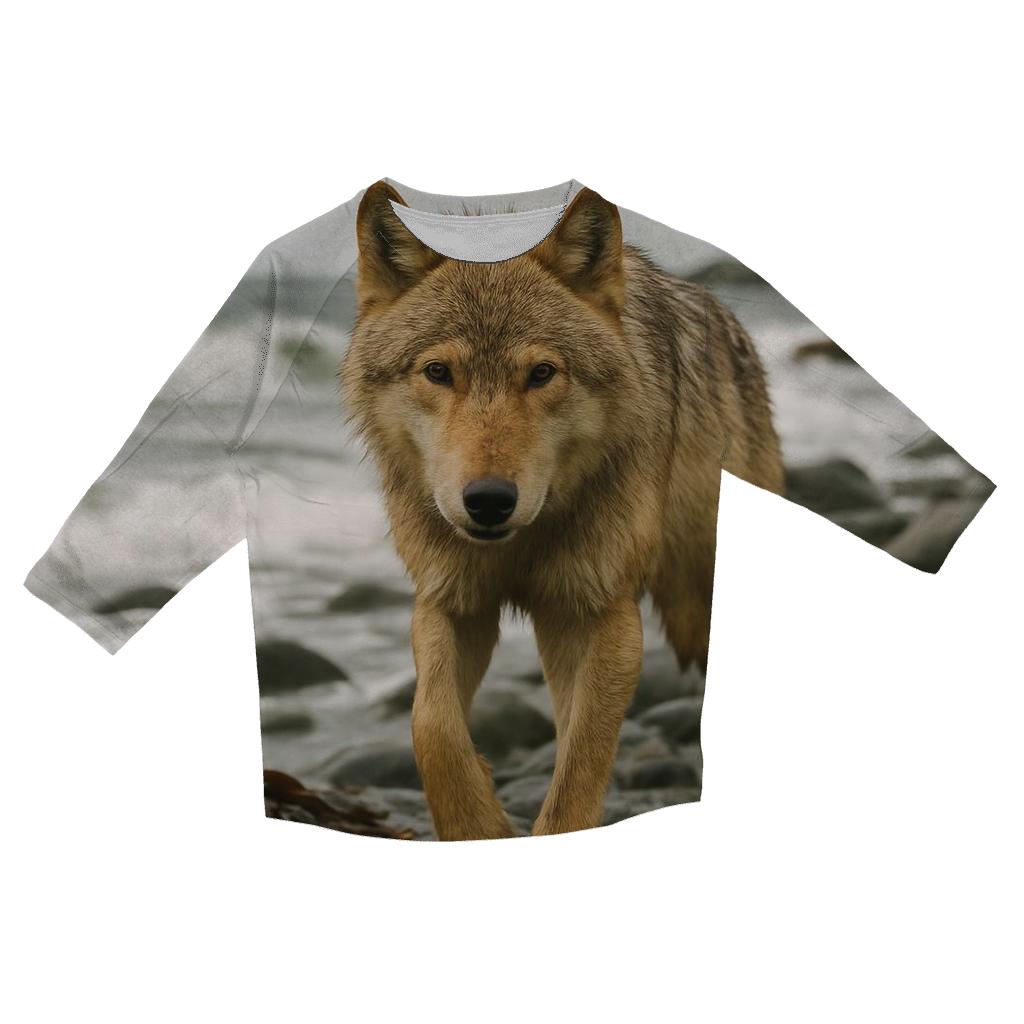 Coastal Wolf At Kelp Strewn Shoreline designer 3/4 sleeve blouses