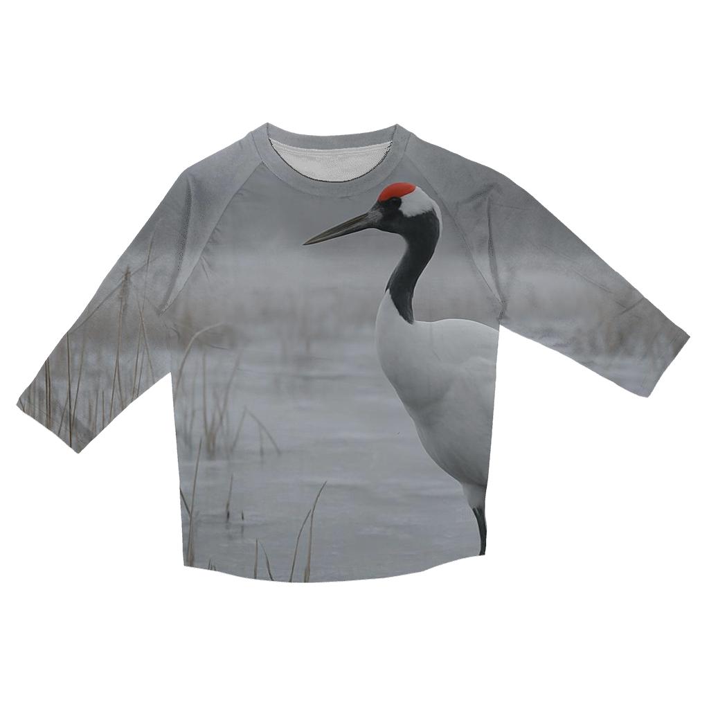 Red Crowned Crane In Winter Marsh Mist fashion 3/4 sleeve shirts
