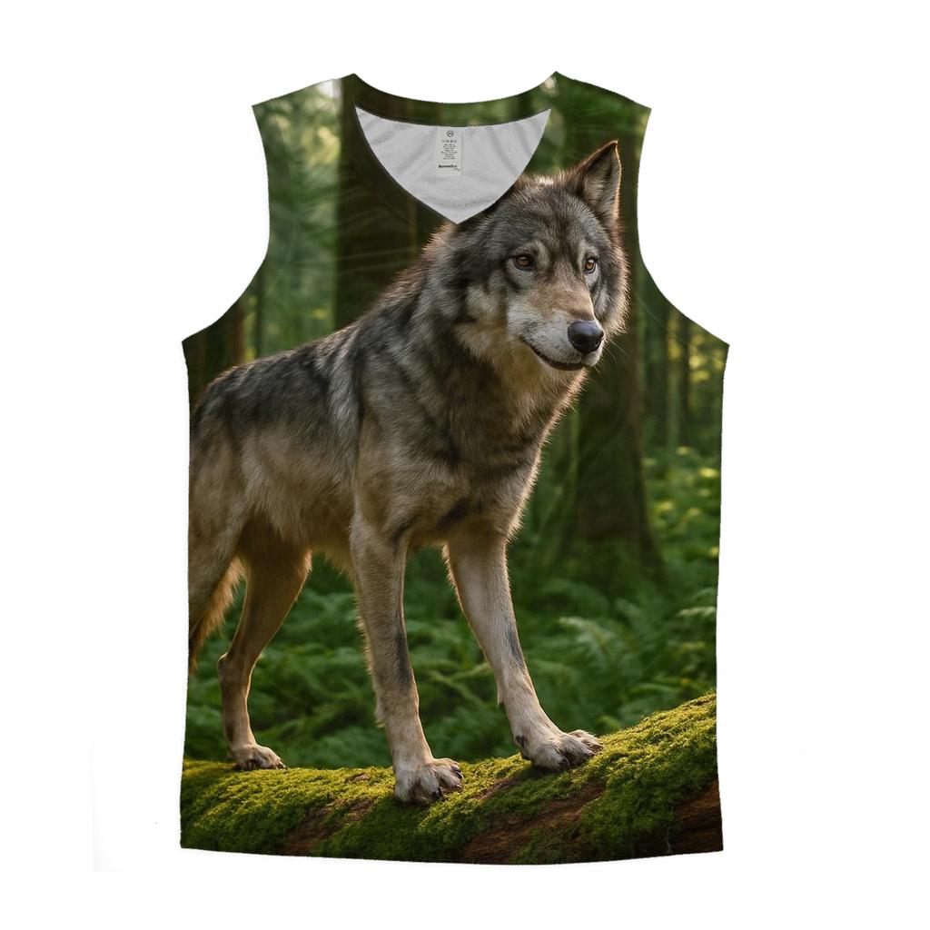 Forest Wolf Pausing On Fallen Cedar custom tank tops