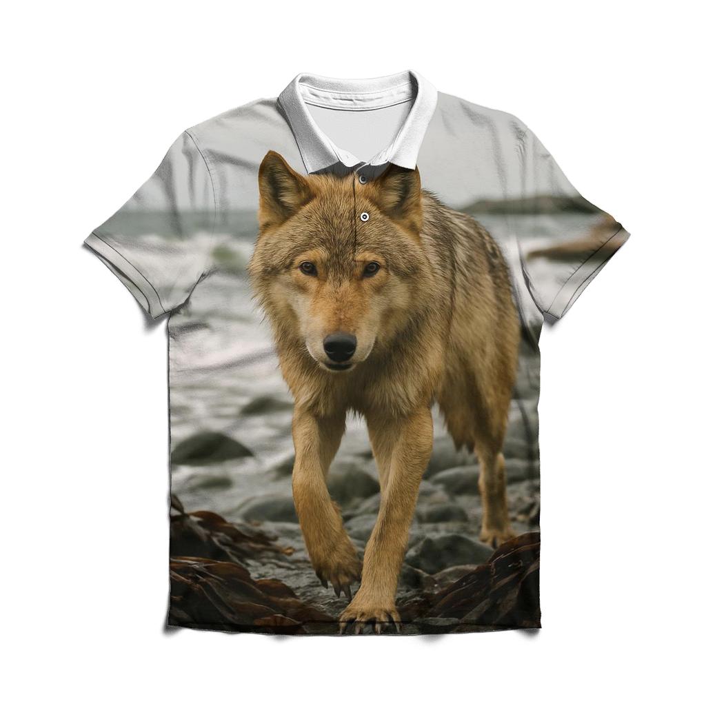 Coastal Wolf At Kelp Strewn Shoreline casual sports polo shirts