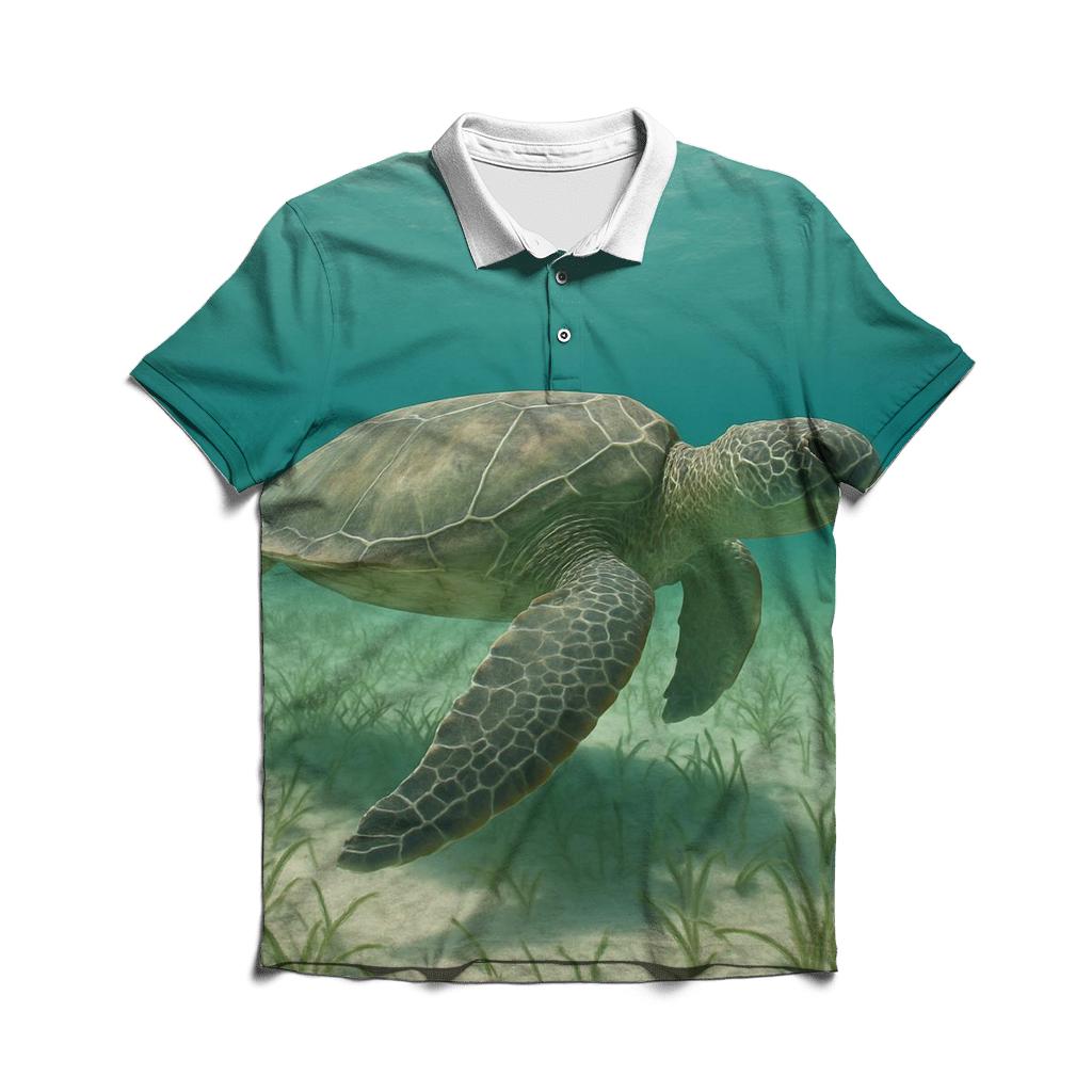 Green Sea Turtle Over Seagrass Meadow embroidered polo tops