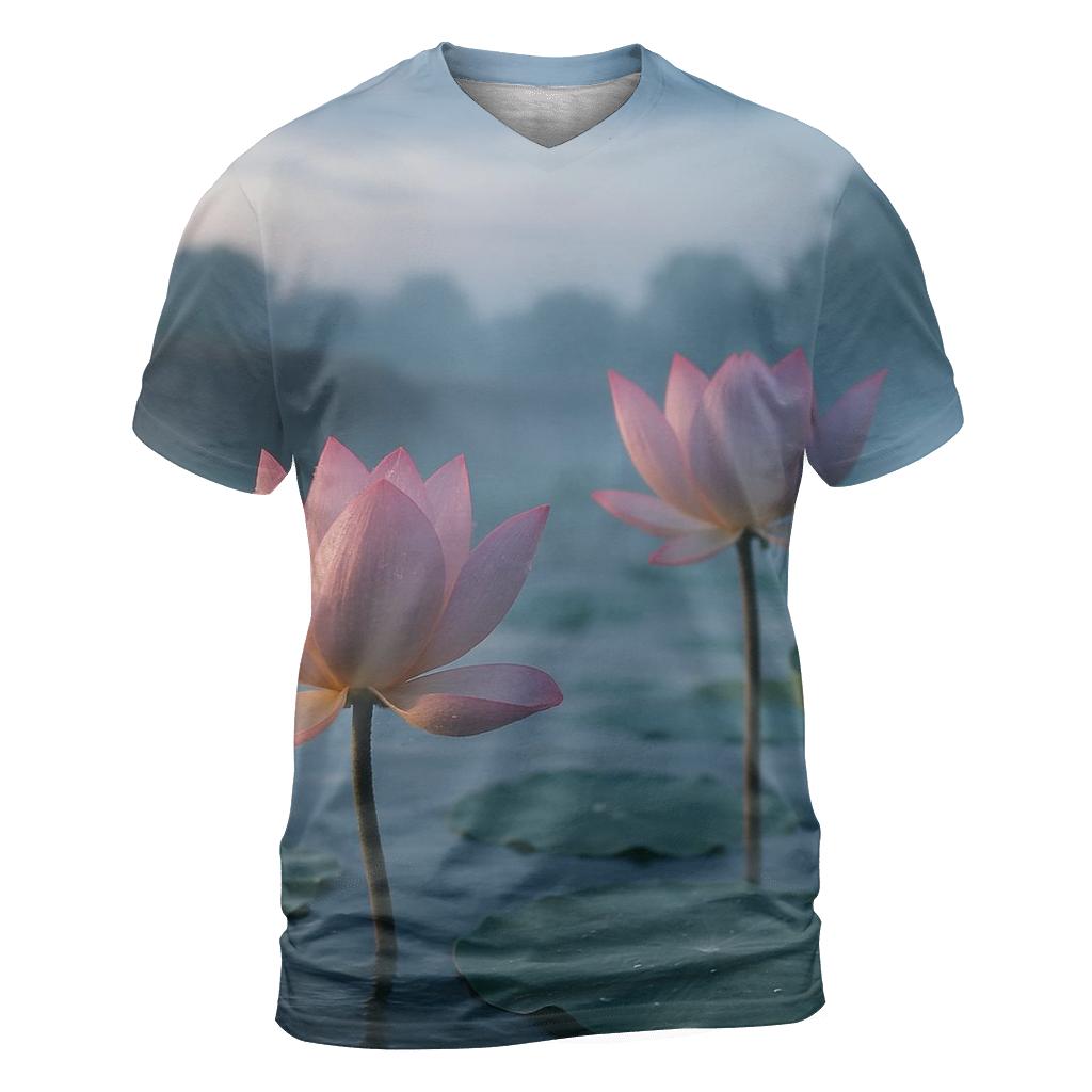Lotus Pond At Monsoon Dawn vibrant all-over design tees