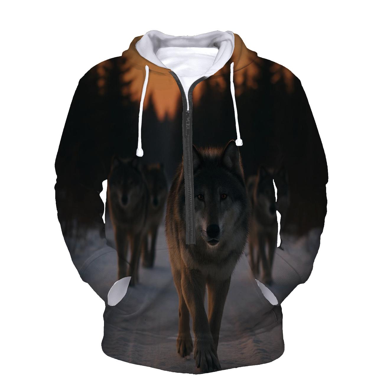 Wolf Pack Trotting Down Snowy Logging Road lightweight hoodies