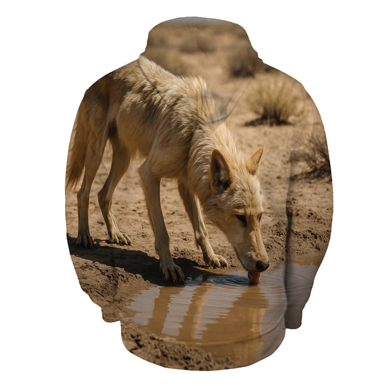 Desert Steppe Wolf At Dusty Waterhole graphic hoodies