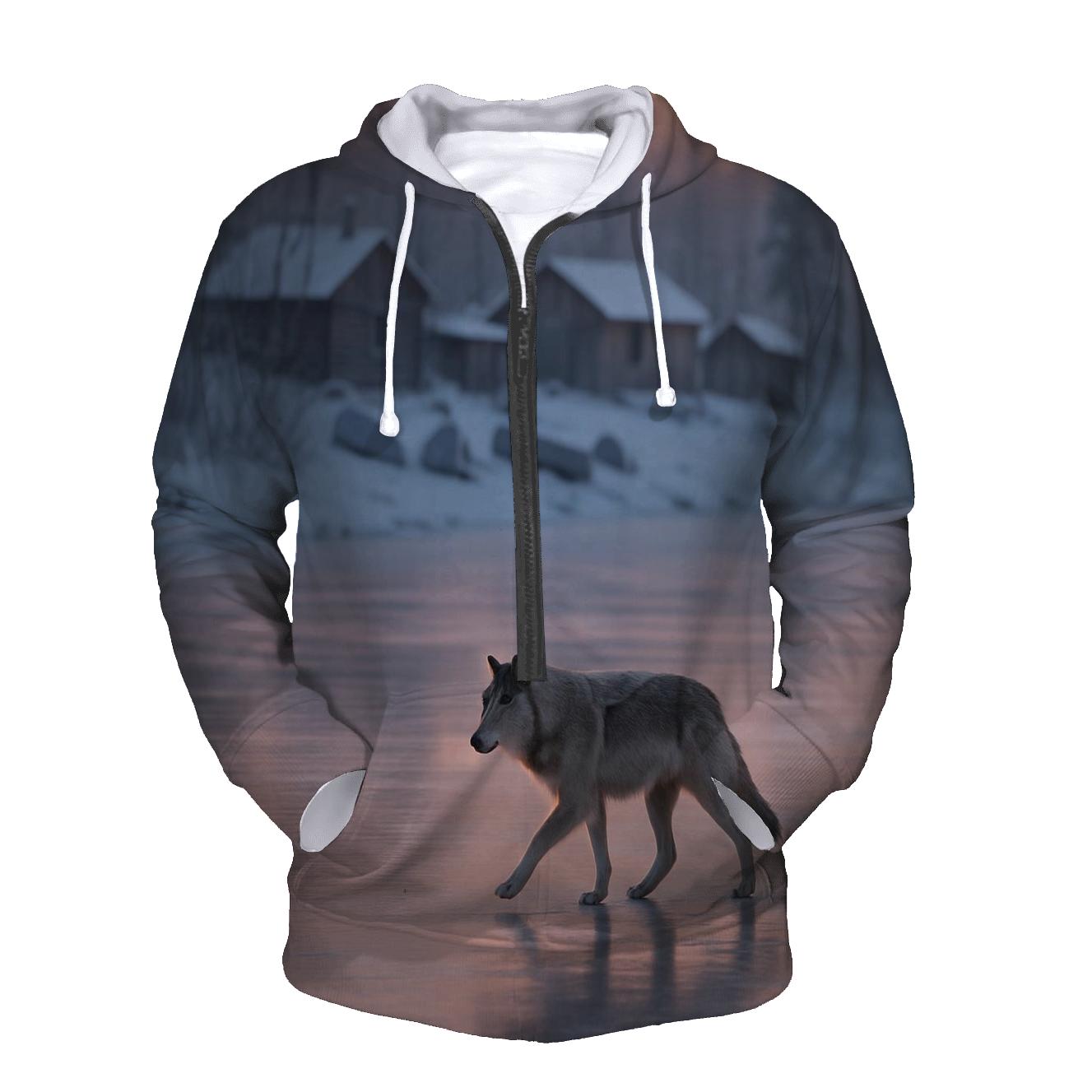 Wolf Crossing Frozen River Beside Indigenous Fishing Camp printed hoodies