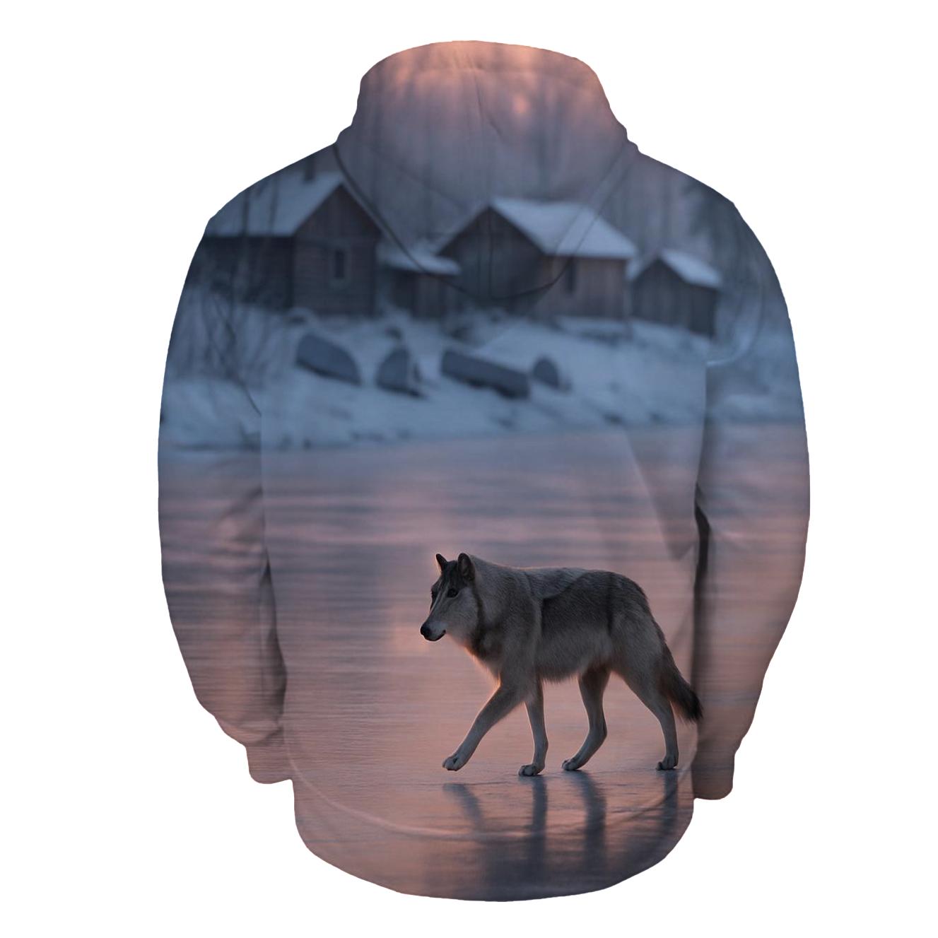 Wolf Crossing Frozen River Beside Indigenous Fishing Camp printed hoodies