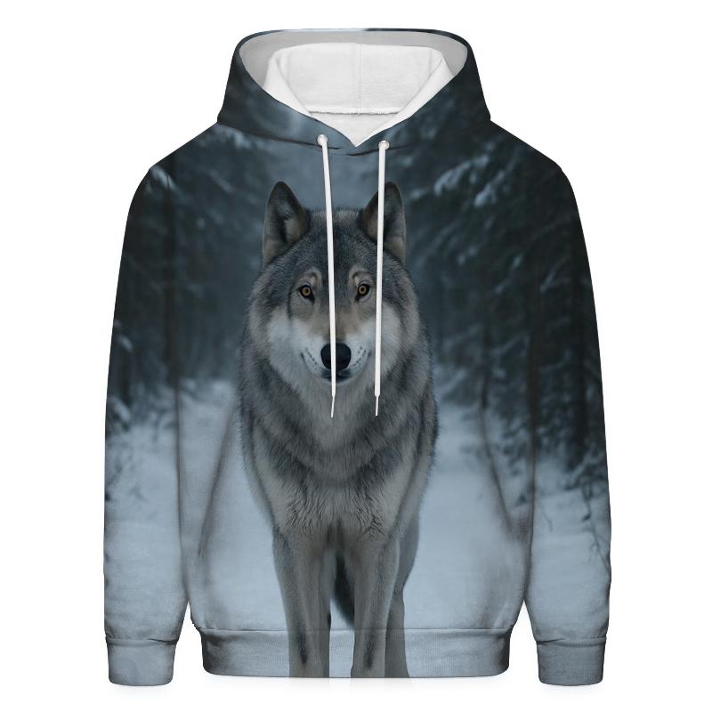 Grey Wolf Paused On Snowy Spruce Trail pullover hoodies