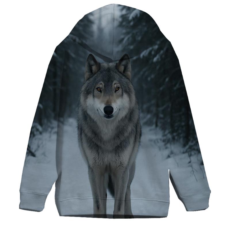 Grey Wolf Paused On Snowy Spruce Trail pullover hoodies