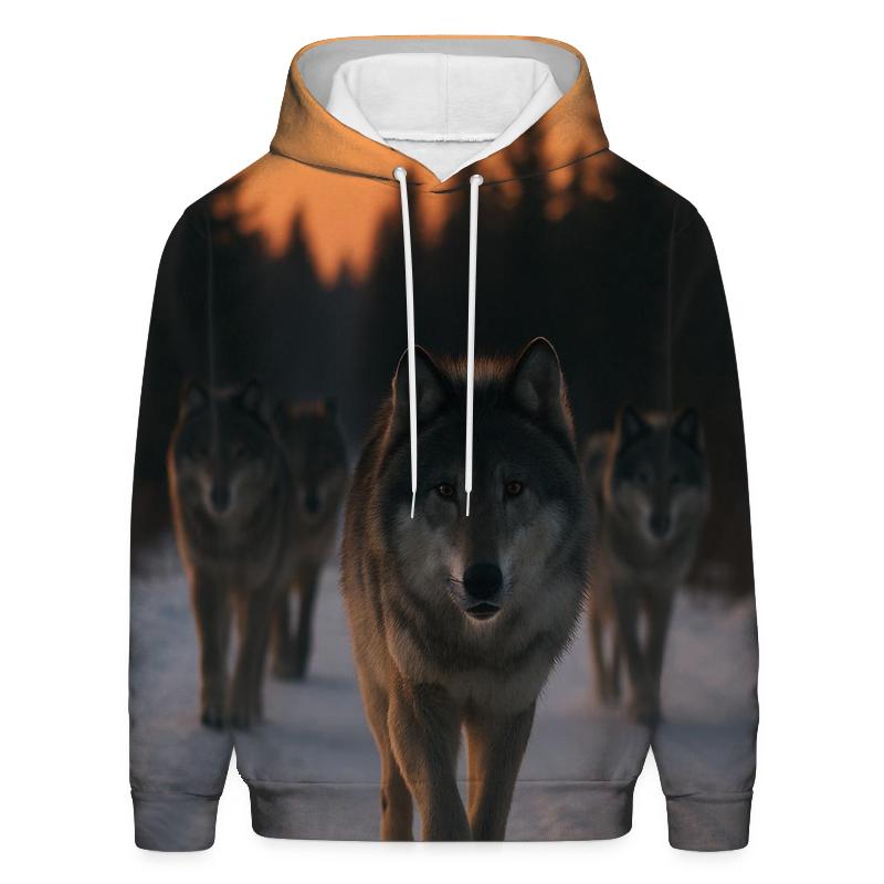 Wolf Pack Trotting Down Snowy Logging Road premium hoodies