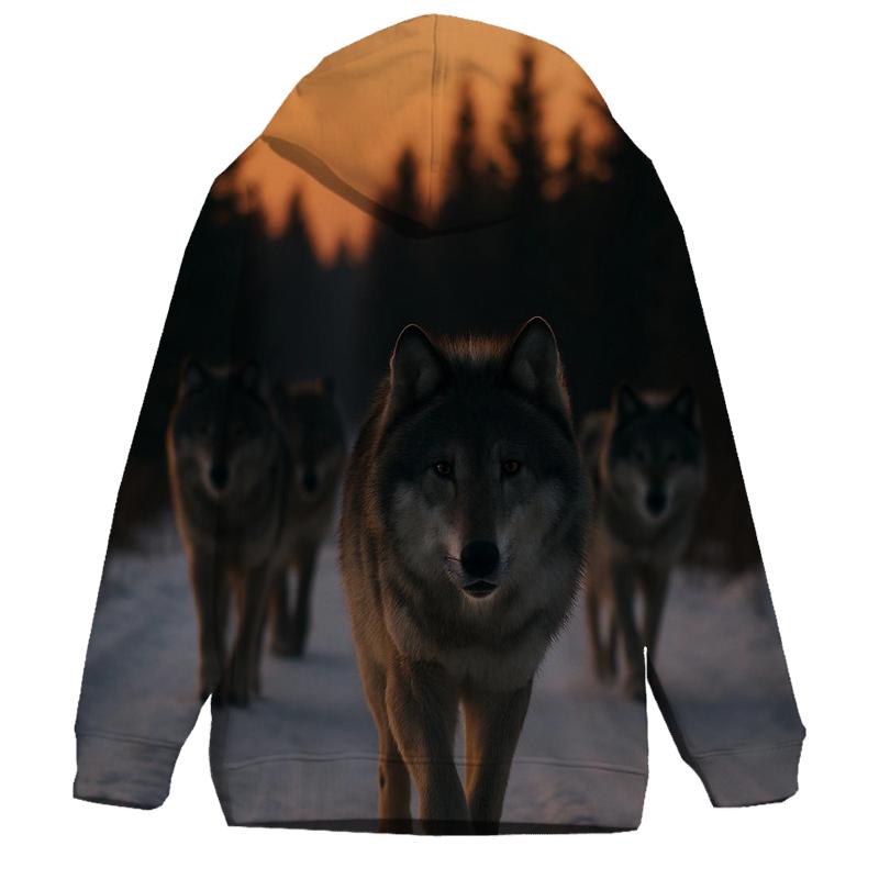 Wolf Pack Trotting Down Snowy Logging Road premium hoodies