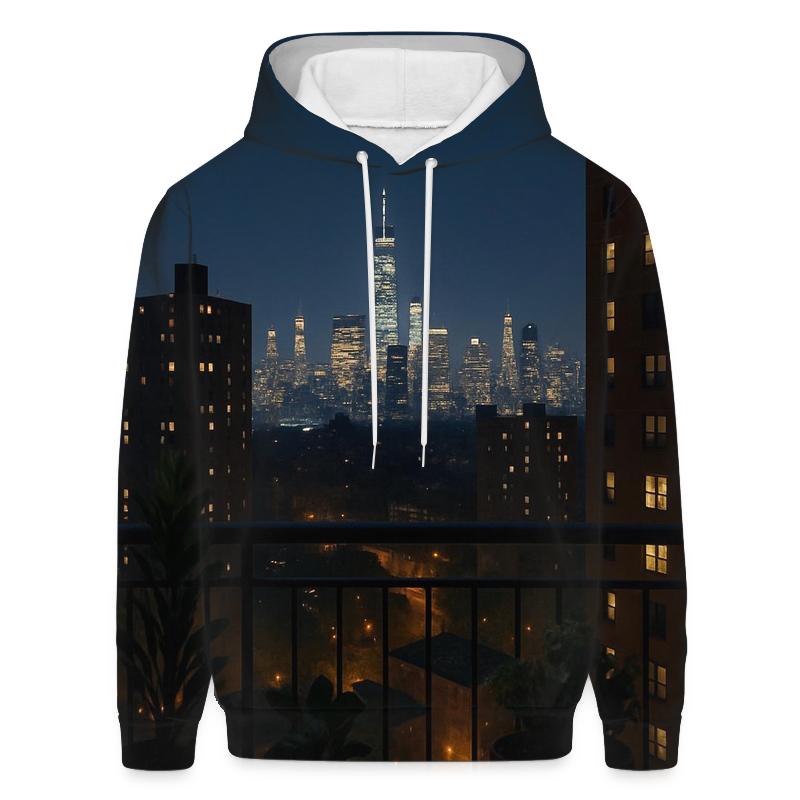 Nighttime Skyline From A Bronx Highrise Balcony graphic hoodies