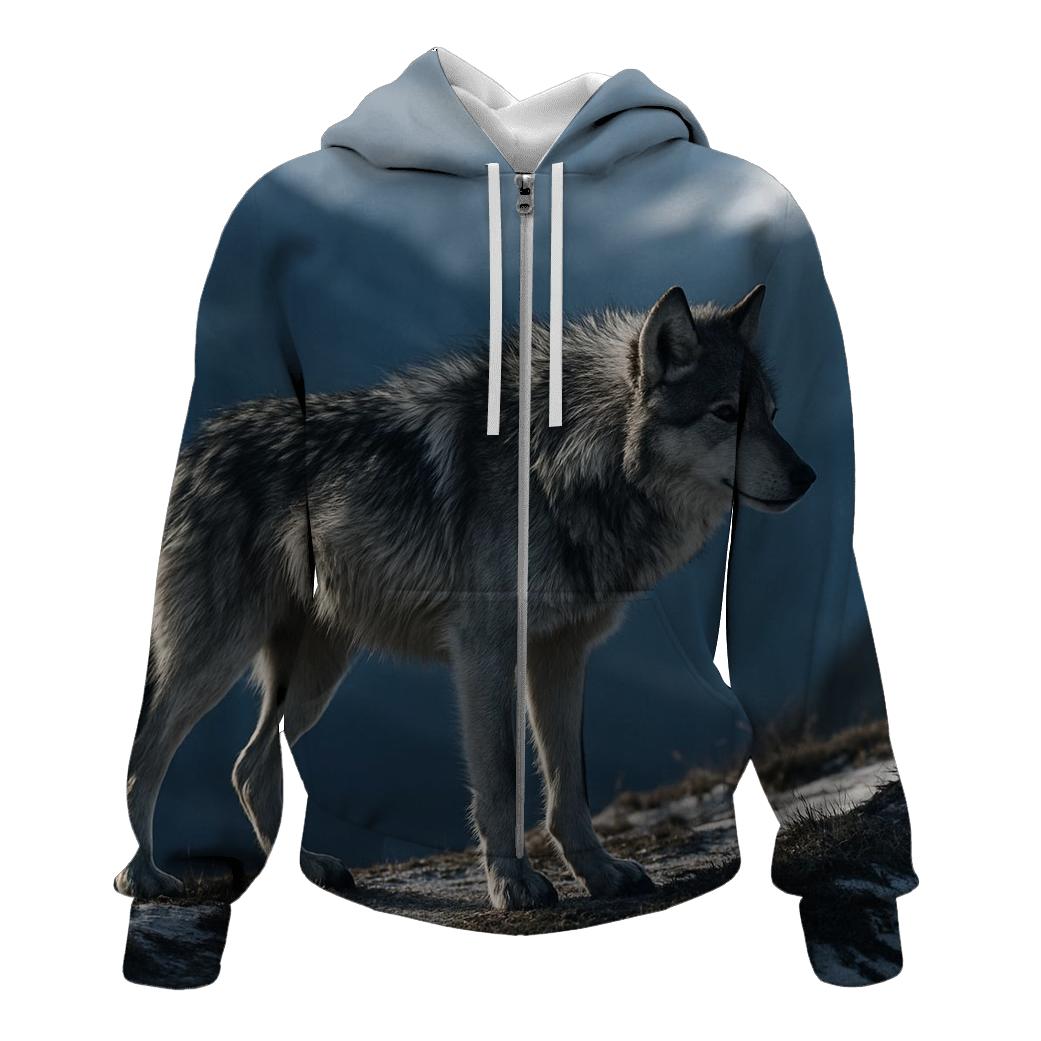 Alpine Wolf On Wind Carved Ridge zip-up hoodies