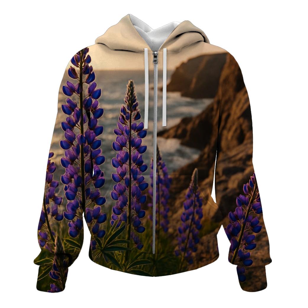 Wild Lupines On Coastal Cliff Edge pullover hoodies
