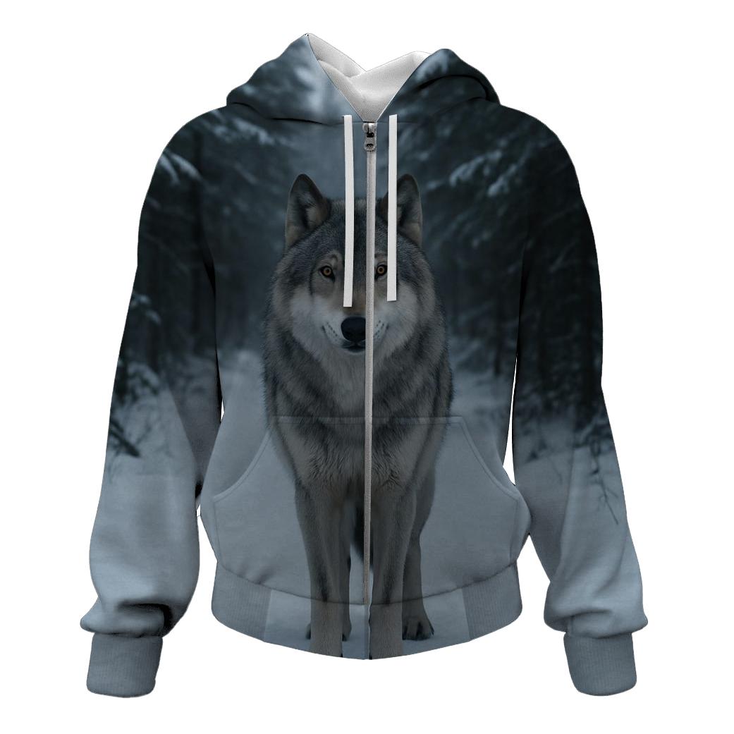 Grey Wolf Paused On Snowy Spruce Trail designer hoodies