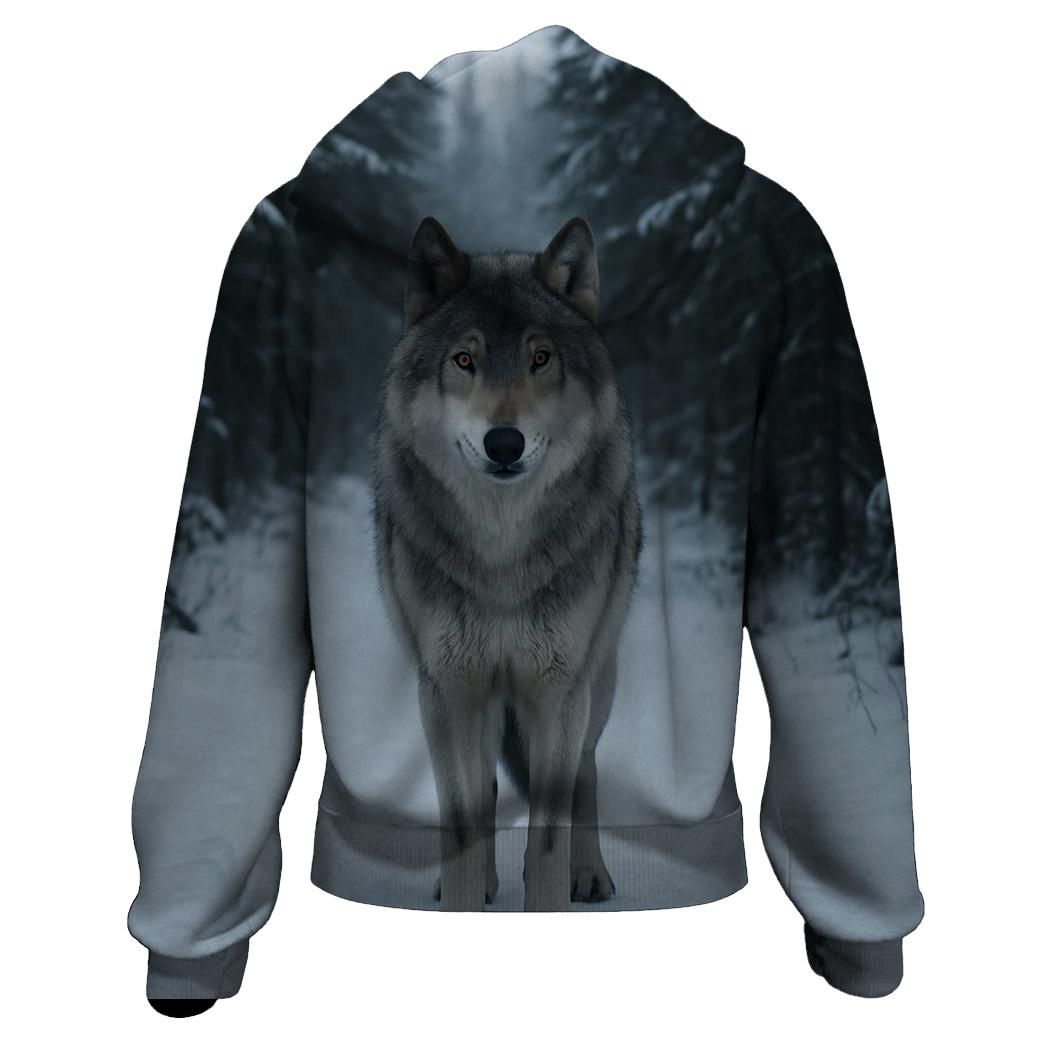 Grey Wolf Paused On Snowy Spruce Trail designer hoodies