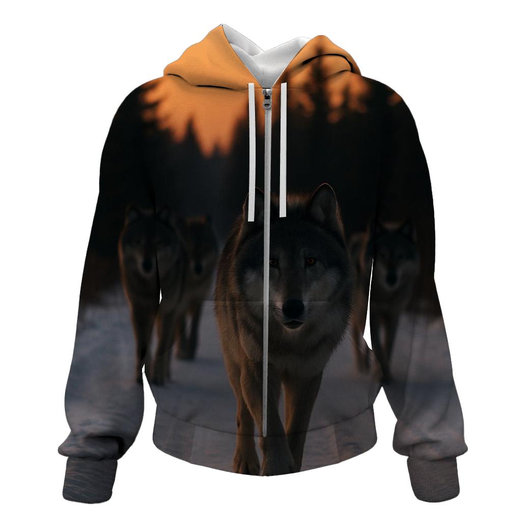 Wolf Pack Trotting Down Snowy Logging Road graphic hoodies