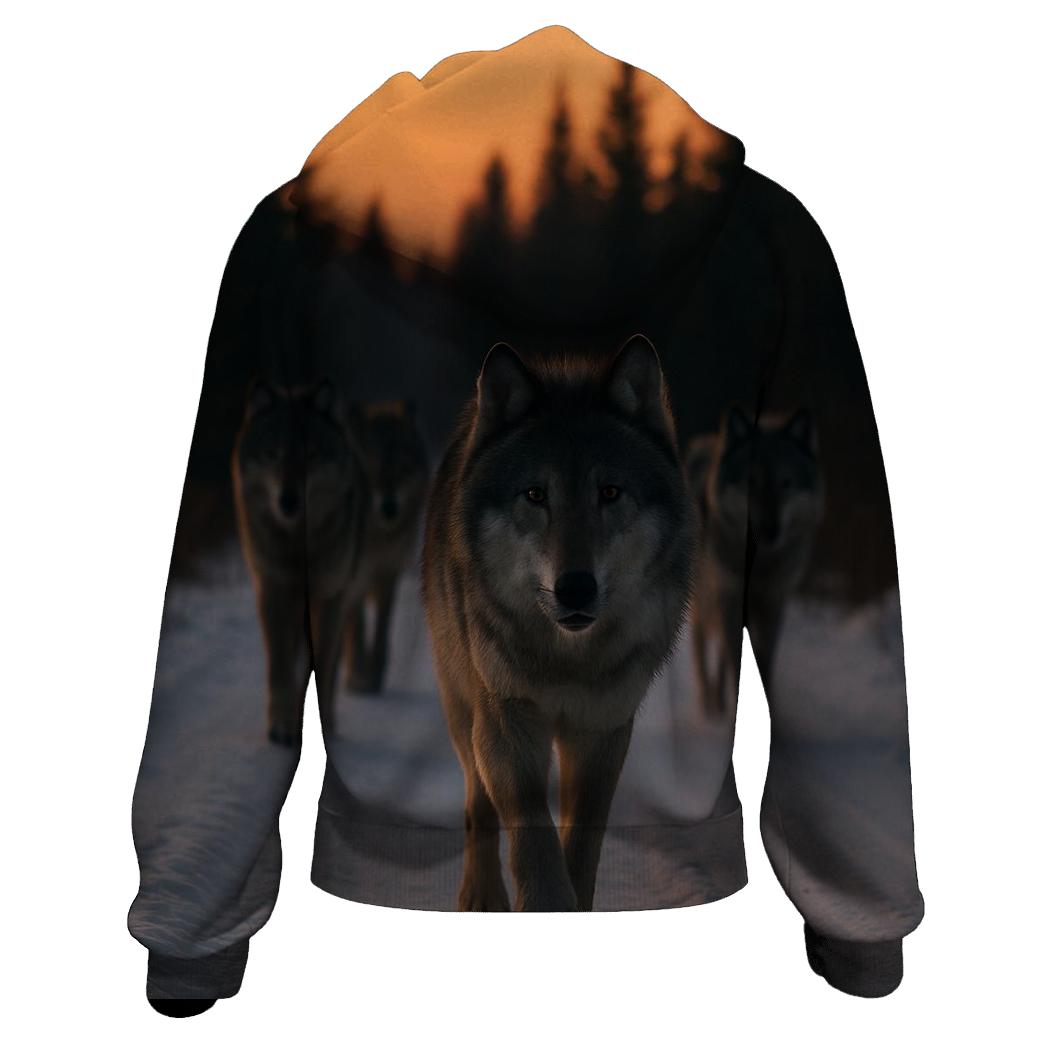 Wolf Pack Trotting Down Snowy Logging Road graphic hoodies