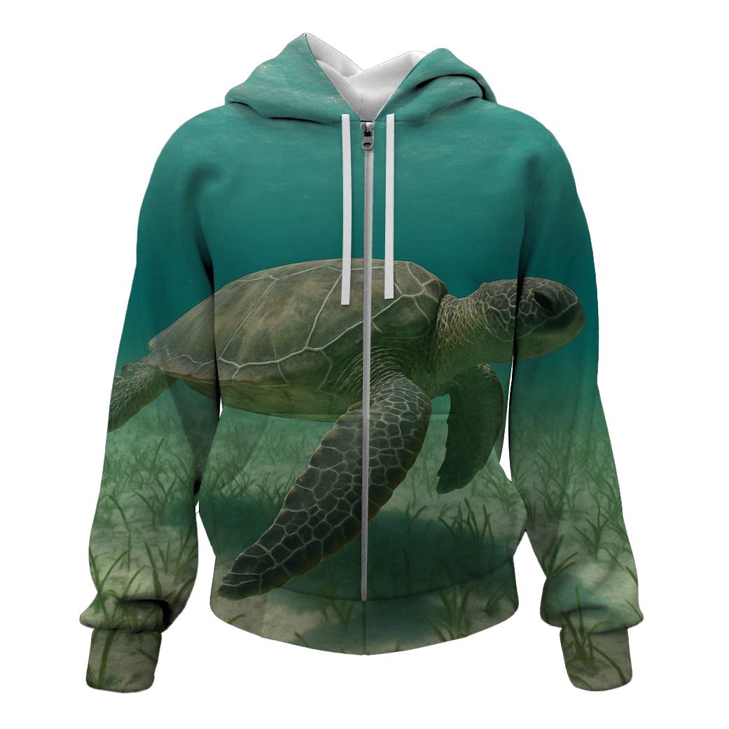 Green Sea Turtle Over Seagrass Meadow embroidered hoodies