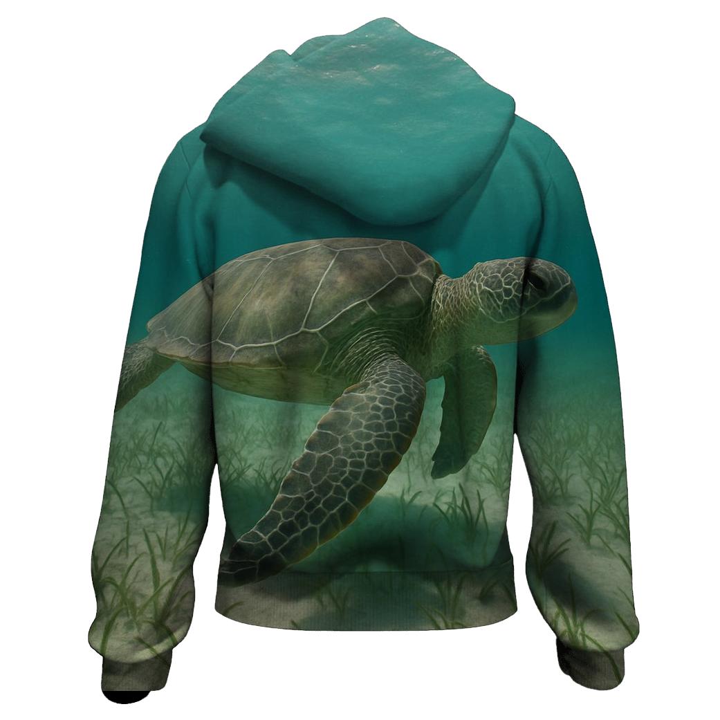 Green Sea Turtle Over Seagrass Meadow embroidered hoodies