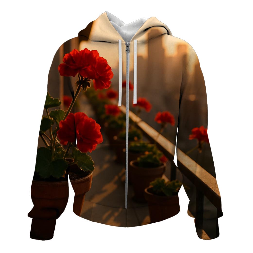 Urban Balcony Geraniums At Sunset designer hoodies