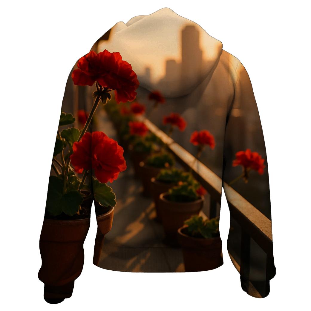 Urban Balcony Geraniums At Sunset designer hoodies