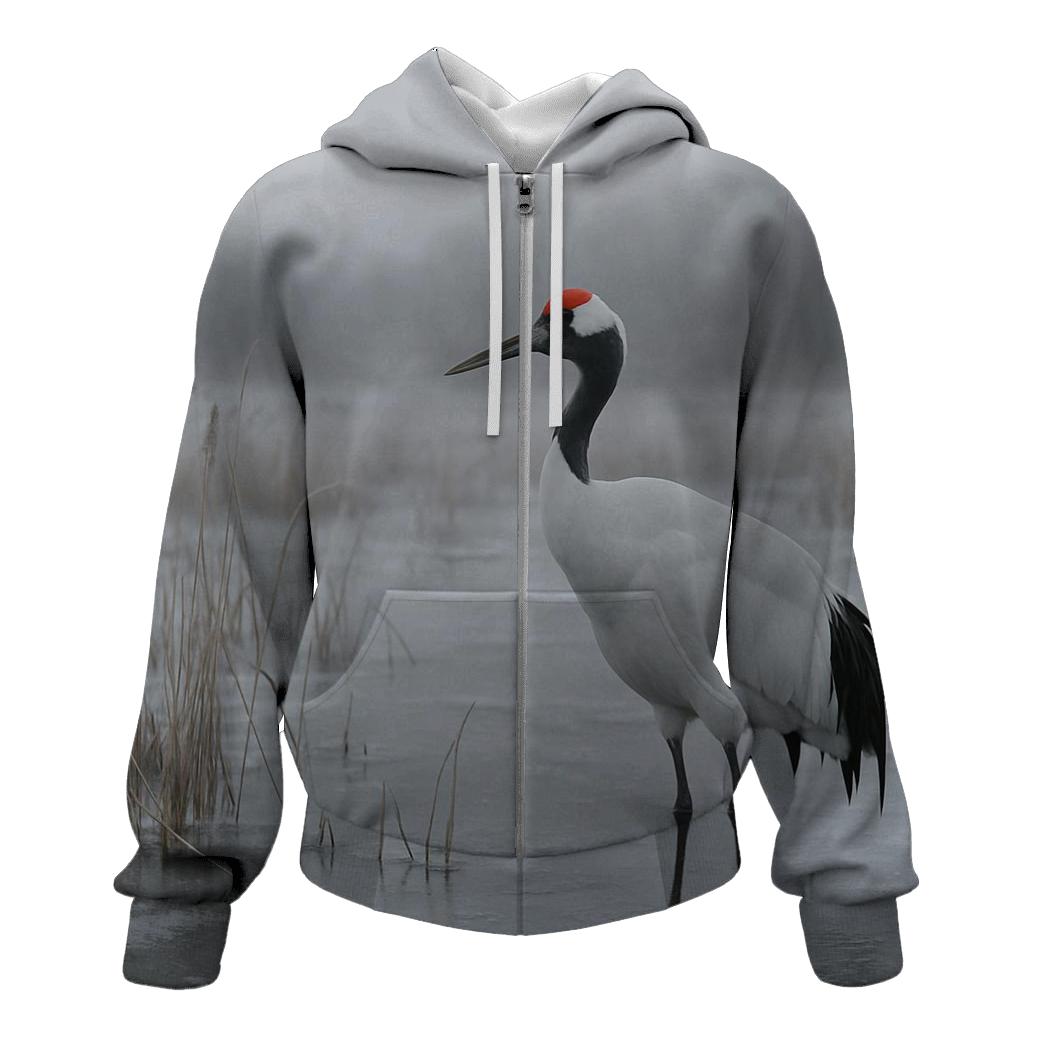 Red Crowned Crane In Winter Marsh Mist hoodie trends