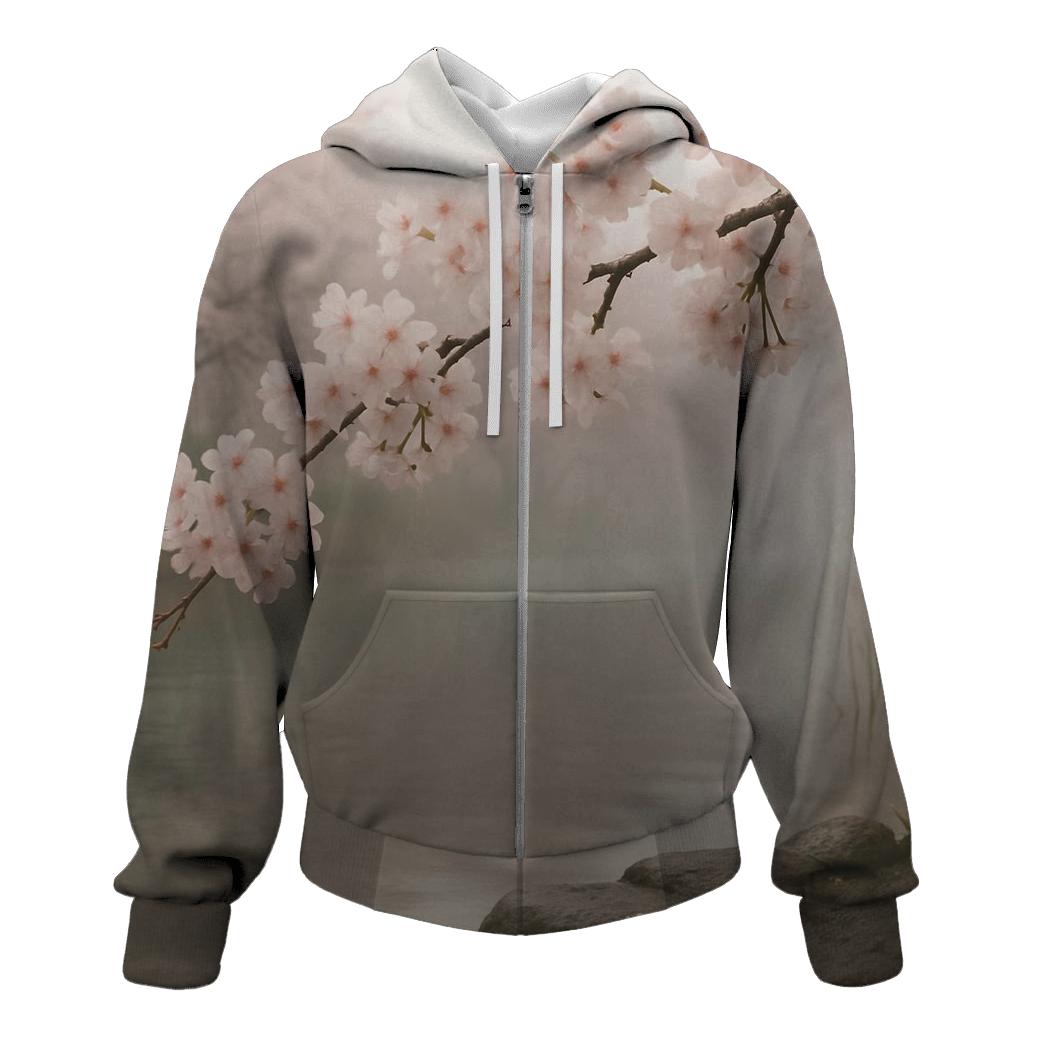 Riverbank Cherry Blossoms In Morning Mist lightweight hoodies