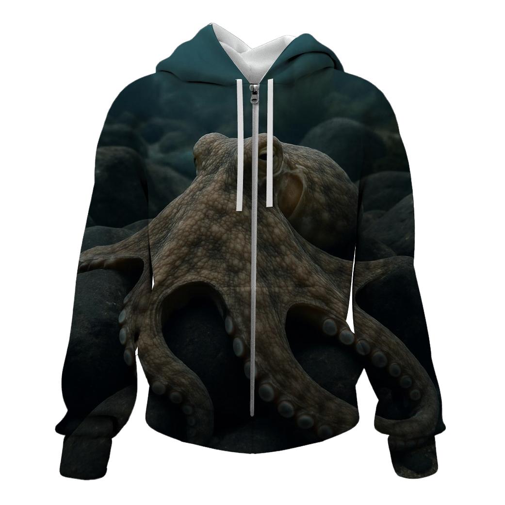 Common Octopus Among Basalt Boulders printed hoodies