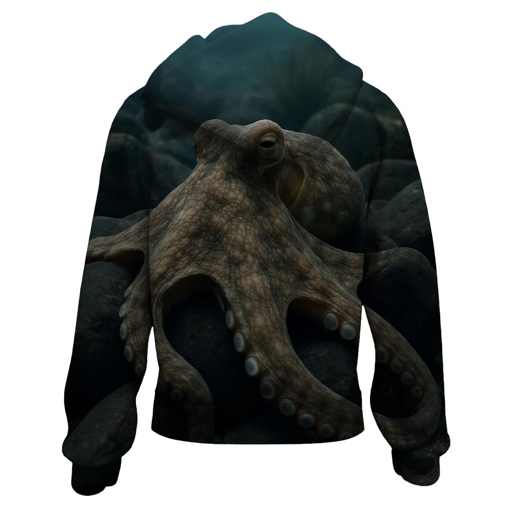 Common Octopus Among Basalt Boulders printed hoodies
