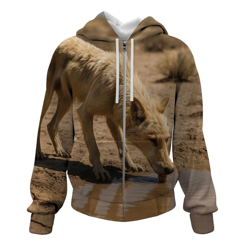 Desert Steppe Wolf At Dusty Waterhole zip-up hoodies
