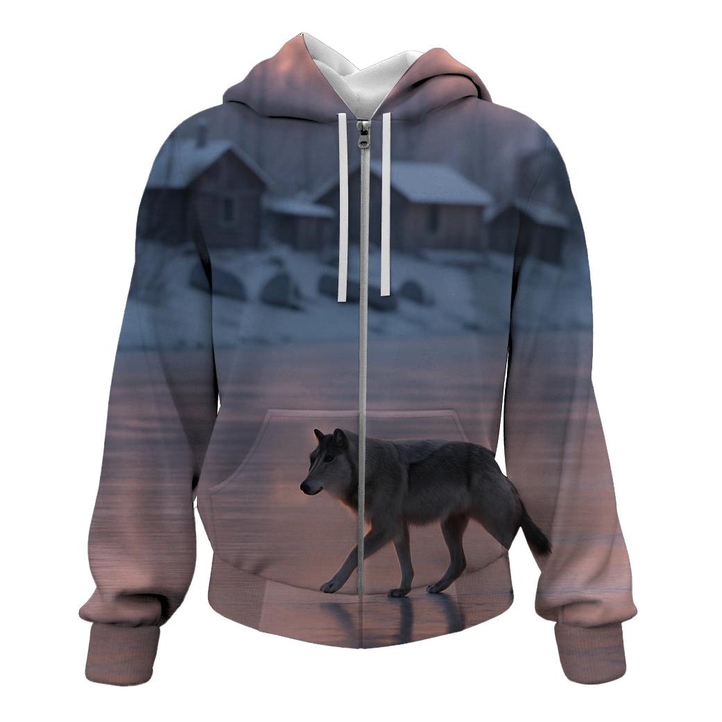 Wolf Crossing Frozen River Beside Indigenous Fishing Camp designer hoodies