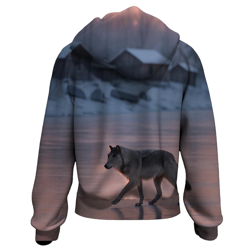 Wolf Crossing Frozen River Beside Indigenous Fishing Camp designer hoodies